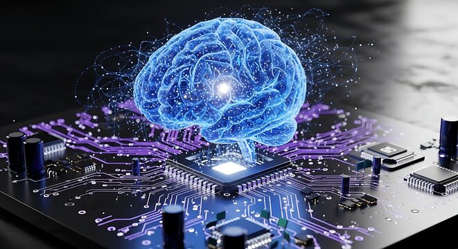 Abstract digital brain over circuit board futuristic technology concept