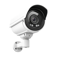 White outdoor security camera, surveillance camera isolated on white transparent background