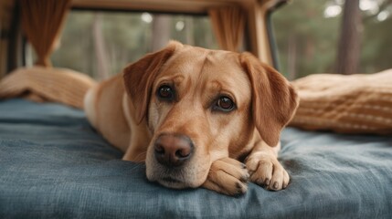 Charming close-up of a relaxed golden Labrador dog laying on a cozy blanket inside a vehicle, conveying warmth and companionship in a serene environment