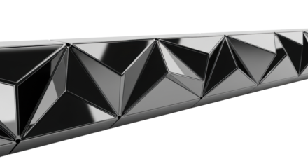 Sleek dark chrome border, interlocking geometric shapes, precise polygons, highly polished and reflective on a transparent background with copy space. Concept of modern industrial design