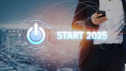 Start 2025 concept with futuristic power button symbolizing fresh beginnings, innovation, and digital transformation. Start 2025, new goals, and start 2025 initiative. Muxer