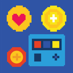 Obraz premium Pixel art game element set retro style game assets heart, plus, button, console, and other elements for game design