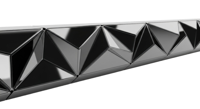 Sleek dark chrome border, interlocking geometric shapes, precise polygons, highly polished and reflective on a transparent background with copy space. Concept of modern industrial design