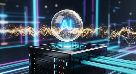 Futuristic ai brain sphere hovering over futuristic technology platform glowing with neon light