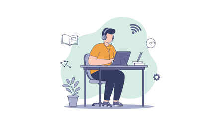 Man Working at Desk Illustration