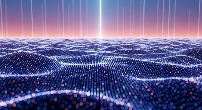 Futuristic abstract digital ocean waves with glowing neon light and atmospheric sunset backdrop