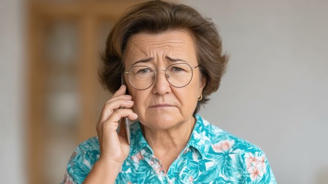 Concerned senior woman with glasses using smartphone and expressing worry in brightly colored shirt indoors, showing emotion and need for communication - Powered by Adobe