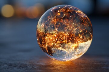 A glass orb contains fireworks and sits on a surface.