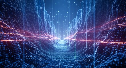 Abstract digital landscape of glowing blue and purple light trails in a futuristic sci-fi scene