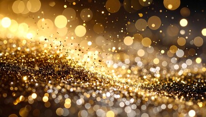 Golden shimmer and bokeh effects create a celebratory abstract. Light and shadow highlight sparkling particles
