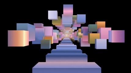 A surreal, abstract digital rendering of a receding pathway composed of smooth, matte-finished steps, illuminated with a soft, ethereal gradient transitioning from a pale lavender at the foreground .