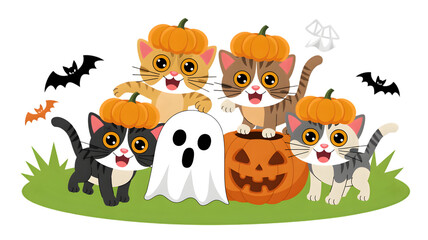 Obraz premium Adorable Kittens in Pumpkin Hats Celebrating Halloween
