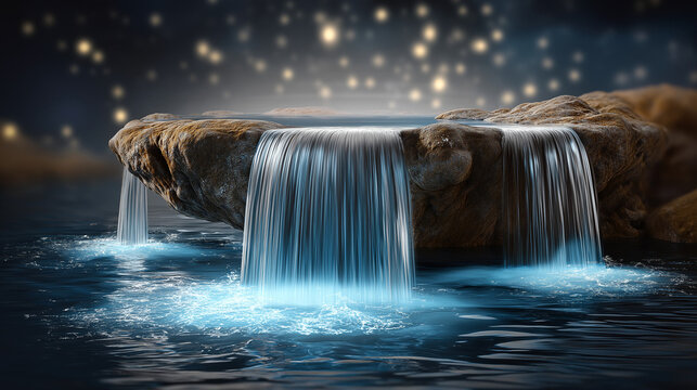 Serene waterfall in artistic style with blue tones representing tranquility