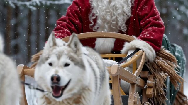 Three dogs are pulling Santa Claus in a sleigh. The dogs are white and appear to be enjoying the ride