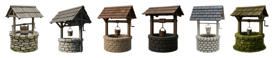 Naklejka premium Water well set including stone, wooden, and weathered styles with shingle and slate roofs isolated. Rustic and fantasy architecture.