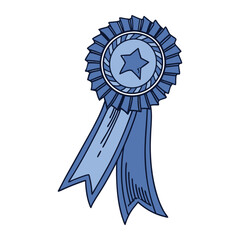 Print Blue award rosette with pleated fabric circle and two trailing ribbon tails below.