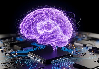 Glowing purple brain over circuit board represents ai technology and neural networks