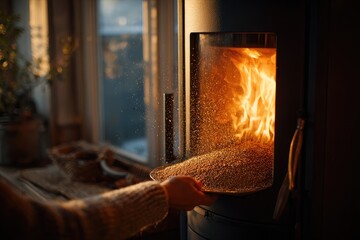 A hand feeds wood pellets into a wood stove.  Warm glow