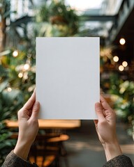 Hands holding blank white paper, out-of-focus greenery and lights in background