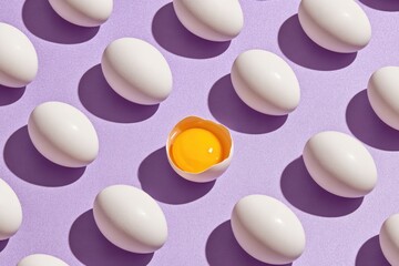 A single open egg yolk sits amidst a grid of whole eggs on a purple surface