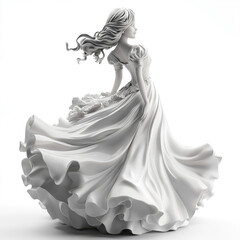 3D female figure in a long fluttering dress of snow-white vanilla tones isolated on a white background. Illustration for advertising women's evening dresses, creative print, sketch for creativity, tem