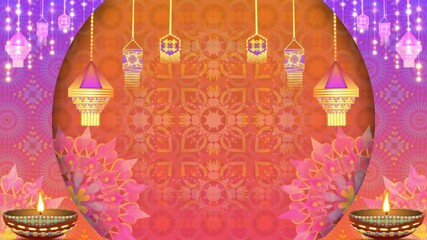 Diwali festival theme background with clay lamps, combination of orenge and purple gradient colours, traditional pattern and swinging decorative elements.