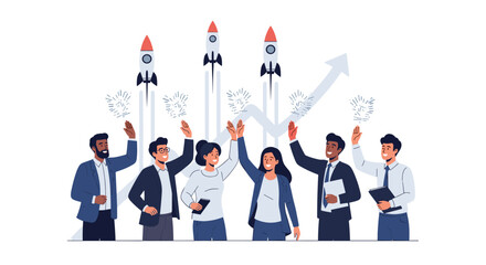 Successful team celebrates business growth and new projects launching towards the future