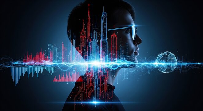 Advanced intelligence profile: a futuristic humanoid portrait embellished with dynamic digital cityscape and luminous data streams