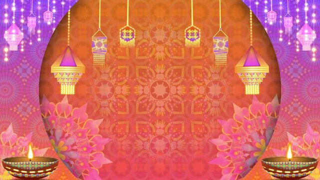 Diwali festival theme background with clay lamps, combination of orenge and purple gradient colours, traditional pattern and swinging decorative elements.
