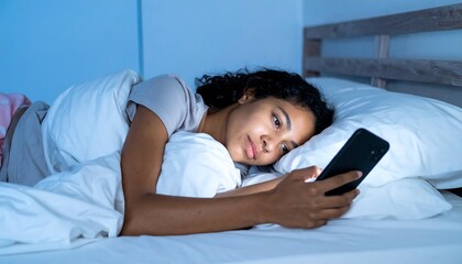 Woman using phone in bed at night
