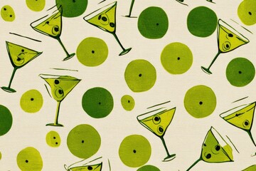 Repeating pattern of martini glasses and olives