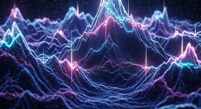 Abstract 3d data visualization of complex waveforms with glowing neon highlights and depth