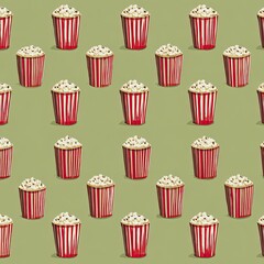 Popcorn buckets in a repeating pattern on a muted green background.  Each bucket is red with white stripes, filled with popcorn