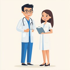 Fototapeta premium Flat illustration: asian male doctor and female nurse in white coats with clipboard, professional medical team