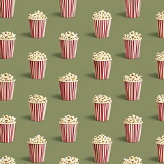 Popcorn in striped containers, repeating pattern on olive green background