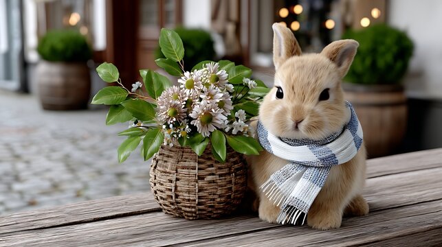 Cute rabbit wearing scarf beside wicker basket with flowers in charming outdoor setting