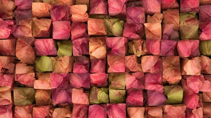 Abstract geometric pattern of overlapping, textured squares in shades of pink, coral, and pale green