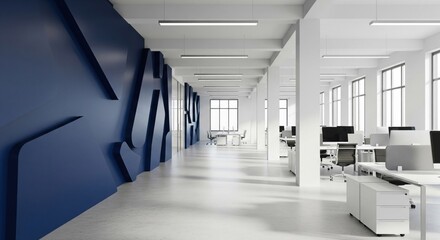 Sleek and professional modern office interior featuring a blue accent wall, designed for collaborative work.
