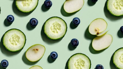 Fresh fruit and vegetable slices arranged in a repeating pattern on a pale green background