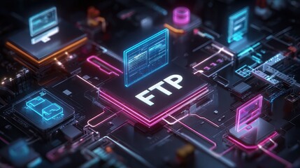 File transfer protocol technology concept render featuring circuitry, computer devices, and data