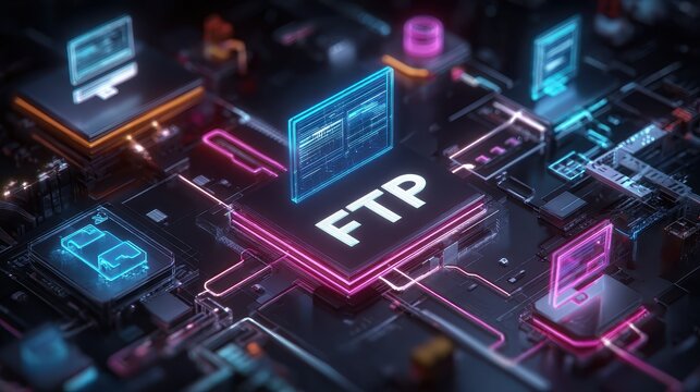File transfer protocol technology concept render featuring circuitry, computer devices, and data