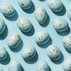 Light blue eggs with gold speckles, arranged in a grid pattern, casting shadows on a light blue background