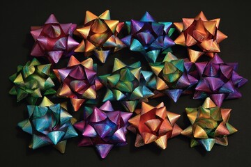 Colorful star-shaped gift bows on black background