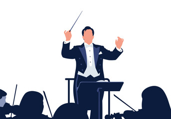 An orchestral conductor leading a symphony orchestra with a baton