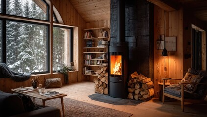 Cozy cabin living room with a wood-burning stove