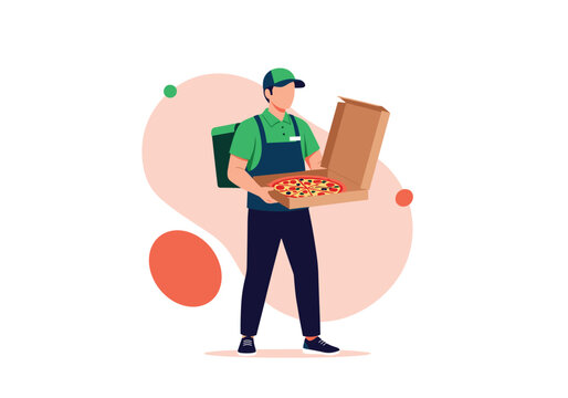 Friendly delivery person holding open box of delicious hot pizza ready for customer