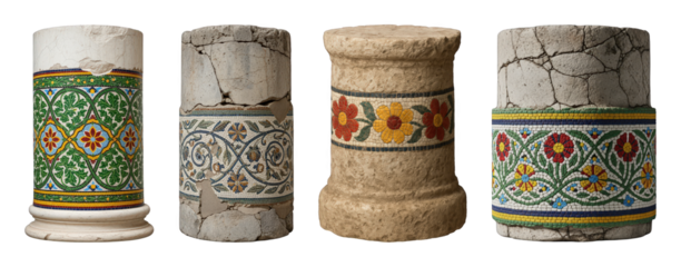 Ancient stone column set including weathered, cracked, and mosaic patterns isolated. Historical architecture and decorative art.
