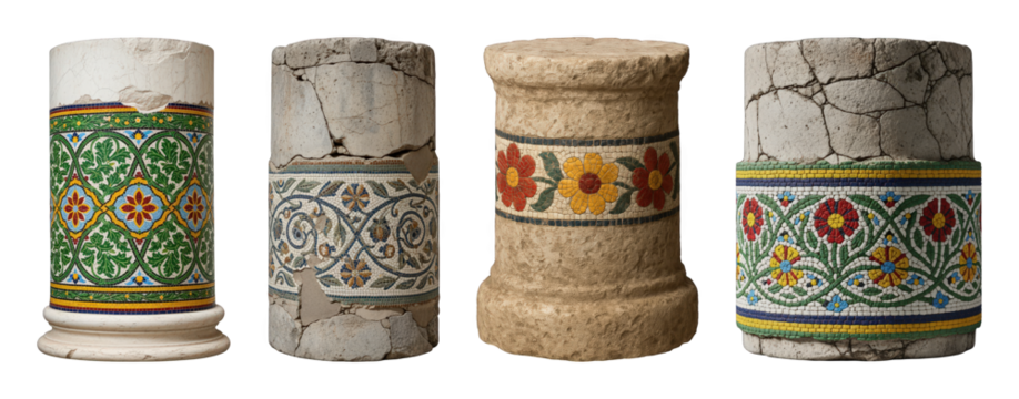 Ancient stone column set including weathered, cracked, and mosaic patterns isolated. Historical architecture and decorative art. - Powered by Adobe