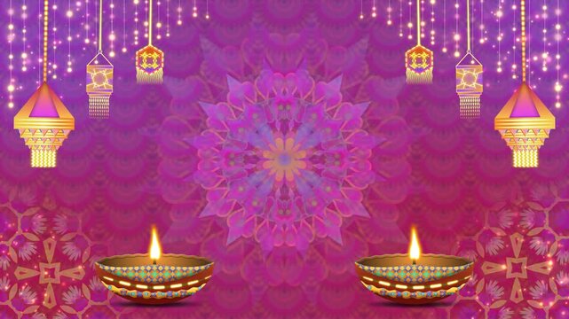 Diwali oli lamps animation with beautiful decoration and traditional indian pattern. Copy space Concept for diwali greetings and blessings.