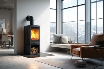 Modern black wood-burning stove in a bright, airy living room with a mountain view